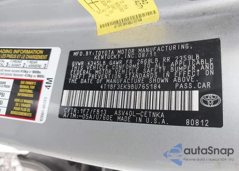 2011 Toyota Camry Le z USA, uszkodzony, nr VIN 4T1BF3EK9BU765184